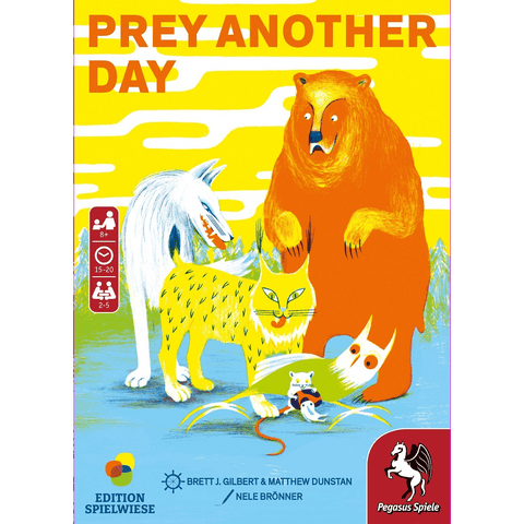 The Prey Another Day game box by Pegasus Spiele features a bear, white wolf, yellow cat, mouse, and bird against a bright yellow sky, with the bold title at the top—perfect for fans of thrilling forest animal games.