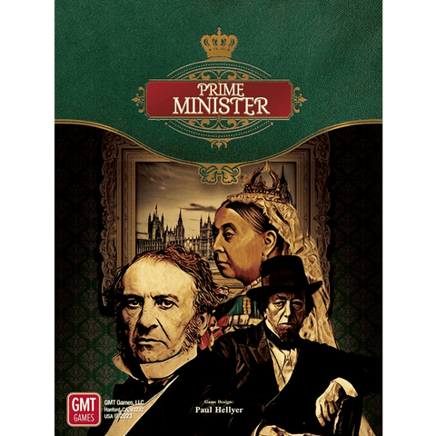 Board game cover for Prime Minister by GMT Games, showing illustrated Victorian-era figures, a palace backdrop, ornate green and gold design, and the title "Prime Minister" prominently at the top.