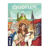 Illustration of ancient Greeks and a Roman soldier discussing a scroll in a classical city. The title Quorum by Devir appears at the top, suggesting an influence strategy game inspired by Roman board games.
