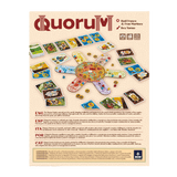 Quorum by Devir, an influence strategy board game, features a vibrant central board, character cards, tokens, and pieces displayed on a light background. Multilingual rules and game details are shown below the image.