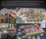 A vibrant Recall board game setup by Alion Games, featuring unique tribes, engine-building mechanics, exploration, adaptable strategies, and a mix of boards, cards, tokens, wooden pieces, and player components.