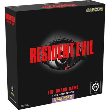 Box for Resident Evil: The Board Game (Alpha Pledge) by Steamforged Games features a lifelike eye behind bold red text, with the "Survival Horror" label and branding on the cover.