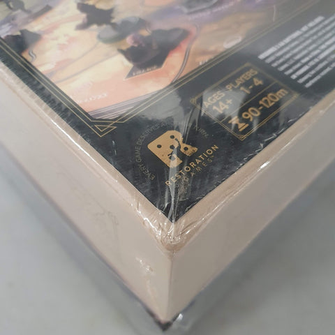 A close-up of a shrink-wrapped Return to Dark Tower (Damaged) box displays the Restoration Games logo, age 14+ recommendation, 2-4 players, and 90-120 minute playtime in a black and gold corner.
