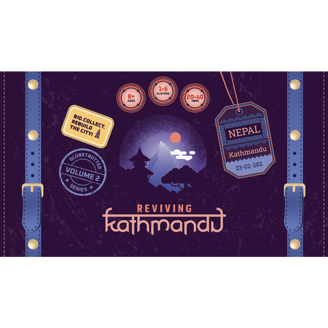 The illustrated game box cover looks like a suitcase, with travel badges, mountain and temple silhouettes, and labels referencing Nepal and Kathmandu for Reviving Kathmandu by Lemery Games—a set collection game for 1-6 players ages 8+.