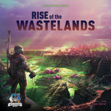 A futuristic armored figure stands on a cliff above neon-lit ruins. Text reads “Rise of the Wastelands Deluxe Kickstarter Edition” by Jesús Casasola Boyero. Manage resources and survive! Wulfhorn Games logo appears.
