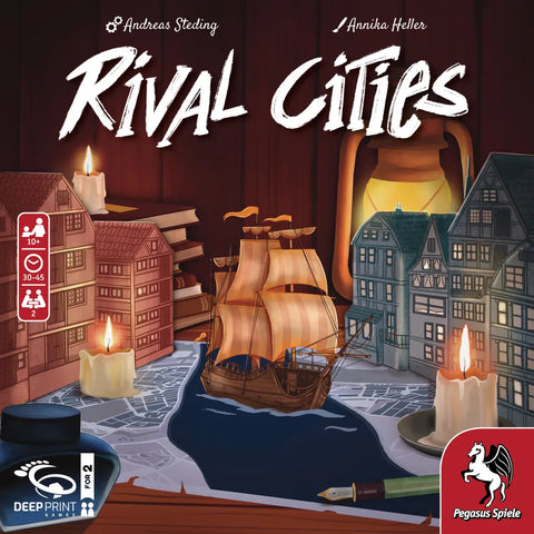 The cover of Rival Cities by Pegasus Spiele features lit candles, a parchment map, and a ship model between illustrated buildings under warm light, setting the mood for this city duel game. Game info and the Pegasus Spiele logo are on the left and bottom edges.