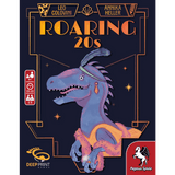 The Roaring 20s board game by Pegasus Spiele features a purple dinosaur in flapper style on the cover, set against a dark background with orange and gold art deco designs—perfect for this lively dinosaur party game.