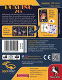 The back cover of Roaring 20s by Pegasus Spiele features vibrant dinosaur cards, game details, barcode, publisher info, and text highlighting its dino-themed bidding mechanics, components, and Pegasus Spiele’s social media/contact details.