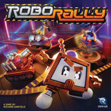 Three cartoon robot miniatures race on a neon-lit track. The title "Robo Rally (2023) (Damaged)" is at the top in metallic letters, with Renegade Game Studios branding and box credits displayed at the bottom.