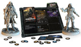 Two detailed sci-fi soldier miniatures flank a board featuring cards, tokens, and inventory from S.T.A.L.K.E.R. The Board Game by Awaken Realms, capturing the intense strategy and adventure of this cooperative experience.