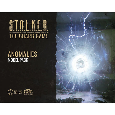 Box cover for Awaken Realms’ S.T.A.L.K.E.R. The Board Game Anomalies Model Pack, showing a glowing electric anomaly with blue-white lightning in a ruined room, capturing the tense Zone atmosphere and detailed anomalies miniatures.