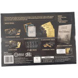 Back of S.T.A.L.K.E.R. The Board Game Personal Stories Add-on by Awaken Realms shows contents: attachment and turn cards, environment sheets, tokens, rulebook, and highlights new narratives for Zone survival mode and Stalkers' stories. Images included.