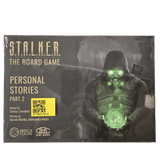 Box cover of S.T.A.L.K.E.R. The Board Game Personal Stories Part 2 Add-on by Awaken Realms, featuring a dark-armored, gas-masked figure holding a glowing green orb. Yellow QR code and text boxes are on the left side.