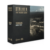 A black box labeled "S.T.A.L.K.E.R. The Board Game Terrain Model Pack" by Awaken Realms, featuring a photo of a ruined landscape with cardboard buildings and miniatures beneath a cloudy sky on the front.
