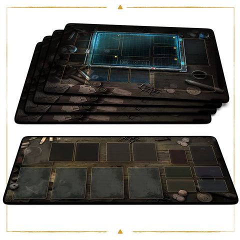 Awaken Realms' S.T.A.L.K.E.R. The Board Game Playmats are shown stacked, featuring futuristic designs, glowing blue digital elements on the top mat, and muted dark sections with coin-like tokens on the bottom mat.