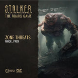 Cover art for S.T.A.L.K.E.R. The Board Game Zone Threats Model Pack by Awaken Realms shows a mutated creature emerging from ruins. Includes unique sculptures of iconic creatures; game logos are displayed at the bottom.