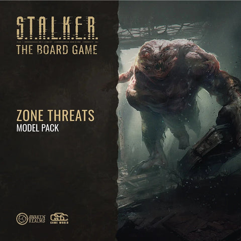 Cover art for S.T.A.L.K.E.R. The Board Game Zone Threats Model Pack by Awaken Realms shows a mutated creature emerging from ruins. Includes unique sculptures of iconic creatures; game logos are displayed at the bottom.