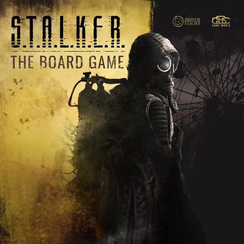 A figure in a gas mask and protective gear stands before a yellow-black backdrop with faded industrial ruins, showcasing S.T.A.L.K.E.R. The Board Game by Awaken Realms. Logos are displayed at the top right.