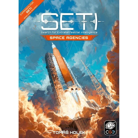 A rocket launches amid smoke against a vibrant blue sky. The cover text reads: SETI: Space Agencies Expansion by Czech Games Edition (CGE), with the CGE logo in the bottom right corner.