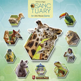 Game box cover for Sanctuary by Feuerland Spiele, showing hexagons with animals, kids with animals, a zookeeper, and an Asian pavilion—all set in a modern zoo scene on a light hexagonal background.