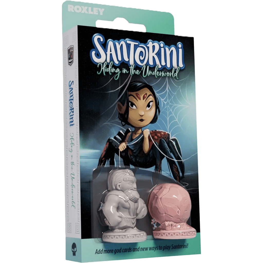 Box for Santorini: Card Pack Bundle by Roxley Games, featuring a character illustration and two detailed game figurines—one gray, one pink—displayed in this expansion packaging.