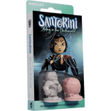 Box for Santorini: Card Pack Bundle by Roxley Games, featuring a character illustration and two detailed game figurines—one gray, one pink—displayed in this expansion packaging.