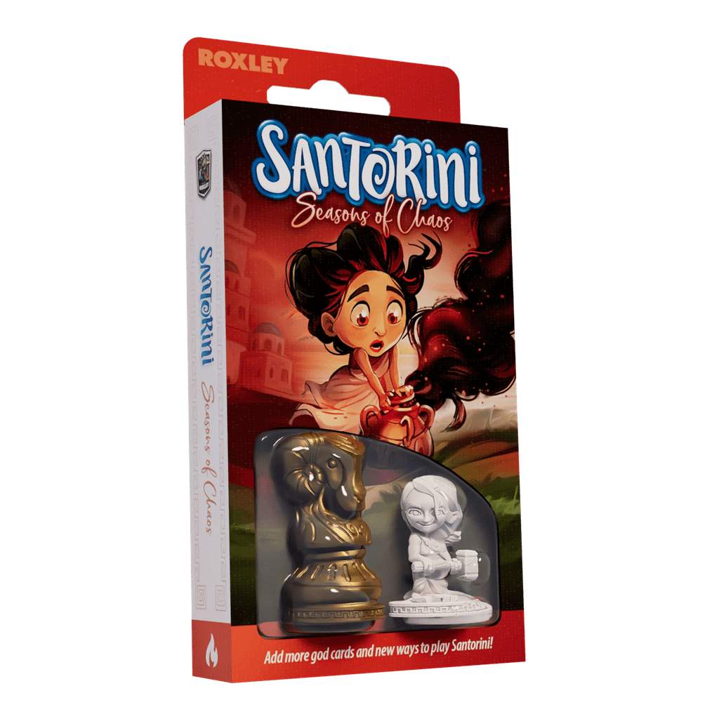 Roxley Games' Santorini: Card Pack Bundle features illustrated character artwork and includes two detailed figurines—one gold, one white—visible through a window on the front of the box.