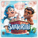 Two playful Greek gods manipulate a floating island with white buildings, blue roofs, and stairs. Boats drift below vibrant “Santorini: Second Edition Bundle” text—the iconic strategy game by Roxley Games.