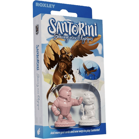 The box for Roxley Games’ Santorini: Soaring over Olympus Expansion displays God cards, a winged griffin, Zeus, and two figurines—one pink and one white—in a plastic window at the bottom.