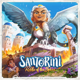 A majestic sphinx with wings and jewelry perches on ancient ruins, watching a girl in Greek robes gaze up in awe. White buildings evoke the strategic world of Santorini. Text displays: Santorini: Second Edition Bundle by Roxley Games.
