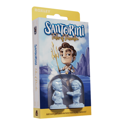 The Santorini: Tides of Poseidon Expansion by Roxley Games features a cartoon Poseidon with his trident on the box and displays two blue god figure game pieces in a window at the bottom.