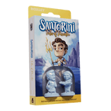 Santorini: Card Pack Bundle by Roxley Games features cartoon Poseidon with a trident above two sculpted gods, set against a rocky sea backdrop and blue-white packaging.
