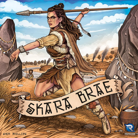 A fierce woman in prehistoric garb readies her spear among Skara Brae’s standing stones and golden fields. Smoke rises as a banner reads SKARA BRAE—an epic Orkney adventure board game by Renegade Game Studios under blue skies.