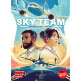 The illustrated Sky Team Bundle cover by Scorpion Masqué shows male and female pilots with headsets, planes in flight and landing, a dramatic sky, and “SKY TEAM Prepare for Landing.” Board game info and logos appear at the bottom.