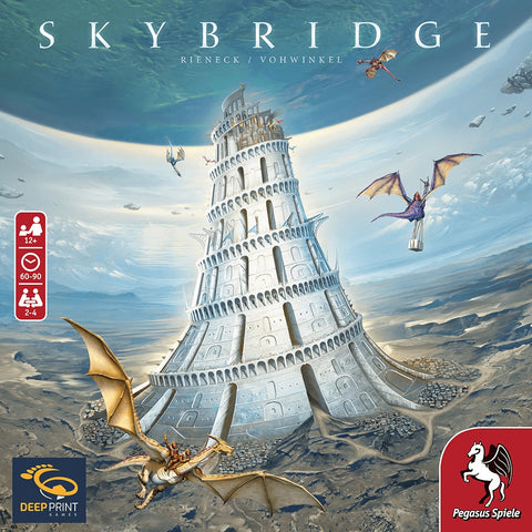 People and dragons soar around a spiraling fantasy tower in Skybridge by Pegasus Spiele, as logos and game stats invite you to explore this magical board game adventure.
