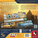 The back of the Skybridge box by Pegasus Spiele shows game components, a short description, setup images, and illustrations of a sphinx and Thraen’s fantasy landscape. Publisher details and logos appear at the bottom.
