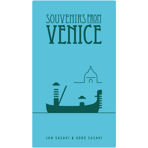 A minimalist blue cover for "Souvenirs from Venice" by Oink Games features a gondola, lamppost, and domed building, inspired by elegant tile collections. Authors Jun Sasaki & Goro Sasaki are credited at the bottom.