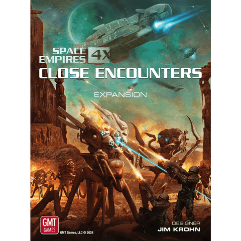 The cover of Space Empires: Close Encounters (Third Printing) by GMT Games features humans fighting alien spider-robots on a barren world, with a spaceship above, and introduces new alien races to the adventure.