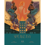 Art deco-style illustration for Speakeasy including Upgrade Pack by Eagle-Gryphon Games features a woman in orange with a drink, flanked by jazz musicians and gangsters. A glowing building evokes the prohibition era. “Speakeasy” appears at the bottom.