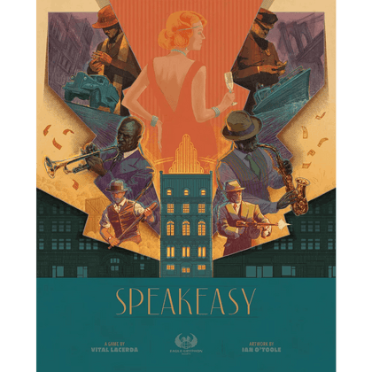 Art deco-style illustration for Speakeasy including Upgrade Pack by Eagle-Gryphon Games features a woman in orange with a drink, flanked by jazz musicians and gangsters. A glowing building evokes the prohibition era. “Speakeasy” appears at the bottom.