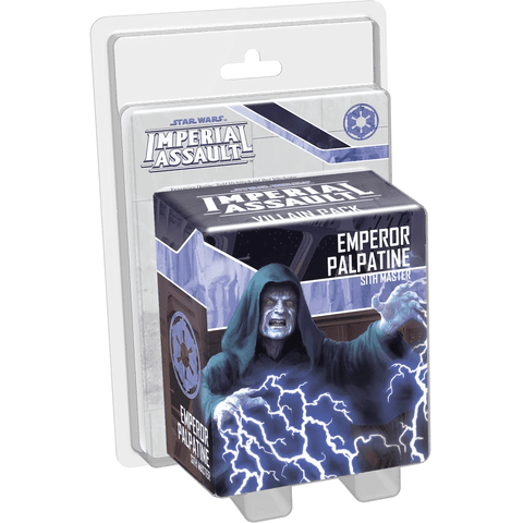 The Star Wars: Imperial Assault – Emperor Palpatine Villain Pack Expansion from Fantasy Flight Games features the Sith Master on the box, cloaked and unleashing blue Force lightning.