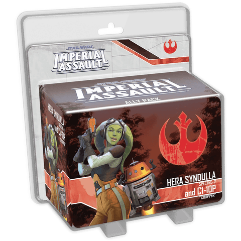 The Star Wars: Imperial Assault – Hera Syndulla and C1-10P Ally Pack Expansion by Fantasy Flight Games comes packaged with artwork of Hera, C1-10P, and the Rebel Alliance symbol on the box.