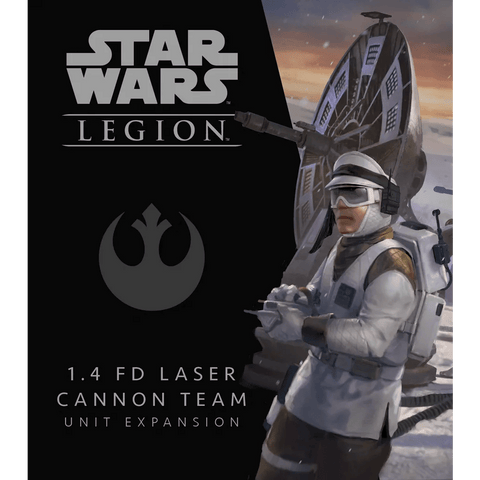 The Star Wars: Legion – 1.4 FD Laser Cannon Team Unit Expansion by Fantasy Flight Games features a Rebel soldier in white snow gear manning the 1.4 FD Laser Cannon, with the Rebel symbol and product details on display.