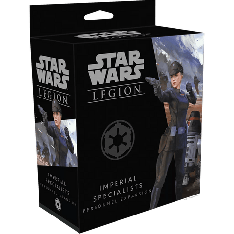 Box of Fantasy Flight Games’ Star Wars: Legion – Imperial Specialists Personnel Expansion, featuring the Imperial Officer unit and a droid amid a dramatic battle scene.