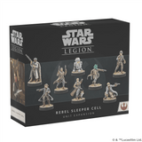 Box for Atomic Mass Games’ Star Wars: Legion – Rebel Sleeper Cell Unit Expansion features painted Rebel miniatures in action poses, with the Star Wars: Legion logo displayed prominently at the top.
