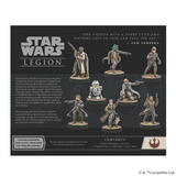 The box for Star Wars: Legion – Rebel Sleeper Cell Unit Expansion by Atomic Mass Games shows seven unpainted Rebel minis on display bases, product details, a Saw Gerrera quote in the top right, and the Star Wars: Legion logo on the left.