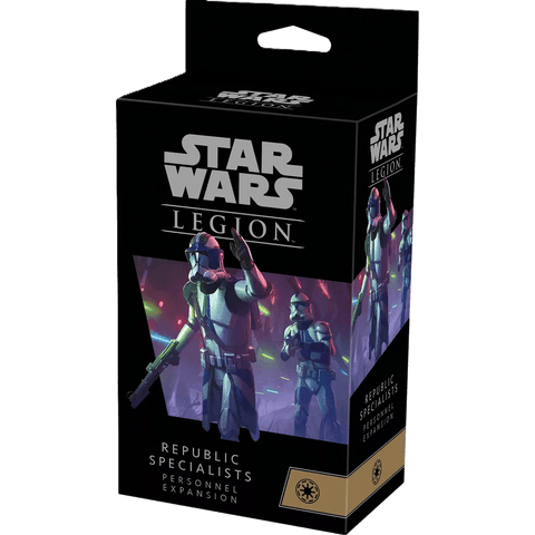 A box of Fantasy Flight Games' Star Wars: Legion – Republic Specialists Personnel Expansion shows armored Clone Troopers with weapons on a vibrant sci-fi background, and features the iconic Republic symbol on the packaging.