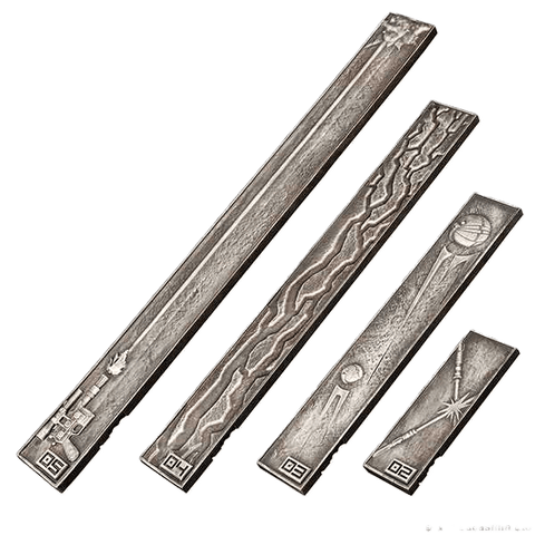 Four metallic, rectangular Star Wars: Shatterpoint – Measurement Tools by Atomic Mass Games, each engraved with unique patterns and symbols, are arranged diagonally against a white background.