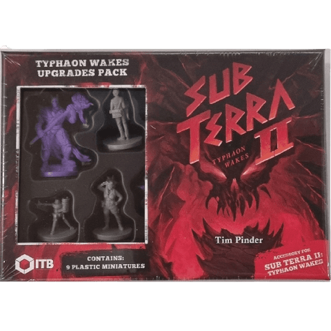 Box for Sub Terra II: Inferno's Edge – Typhaon Wakes Upgrade Pack by Inside the Box Board Games LLP, with 5 purple miniatures displayed left, fiery title art and Tim Pinder on right. Packaging notes 9 plastic miniatures inside.