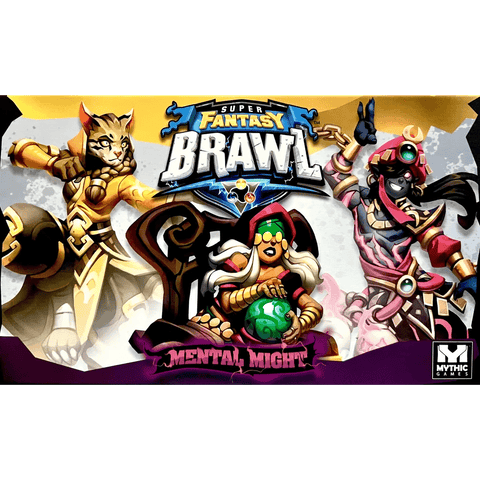 Box art for Super Fantasy Brawl: Mental Might Expansion by Mythic Games shows three champions: an armored cat warrior, a cloaked figure with glasses and crystal ball, and a dark-skinned mage in red armor with a staff.